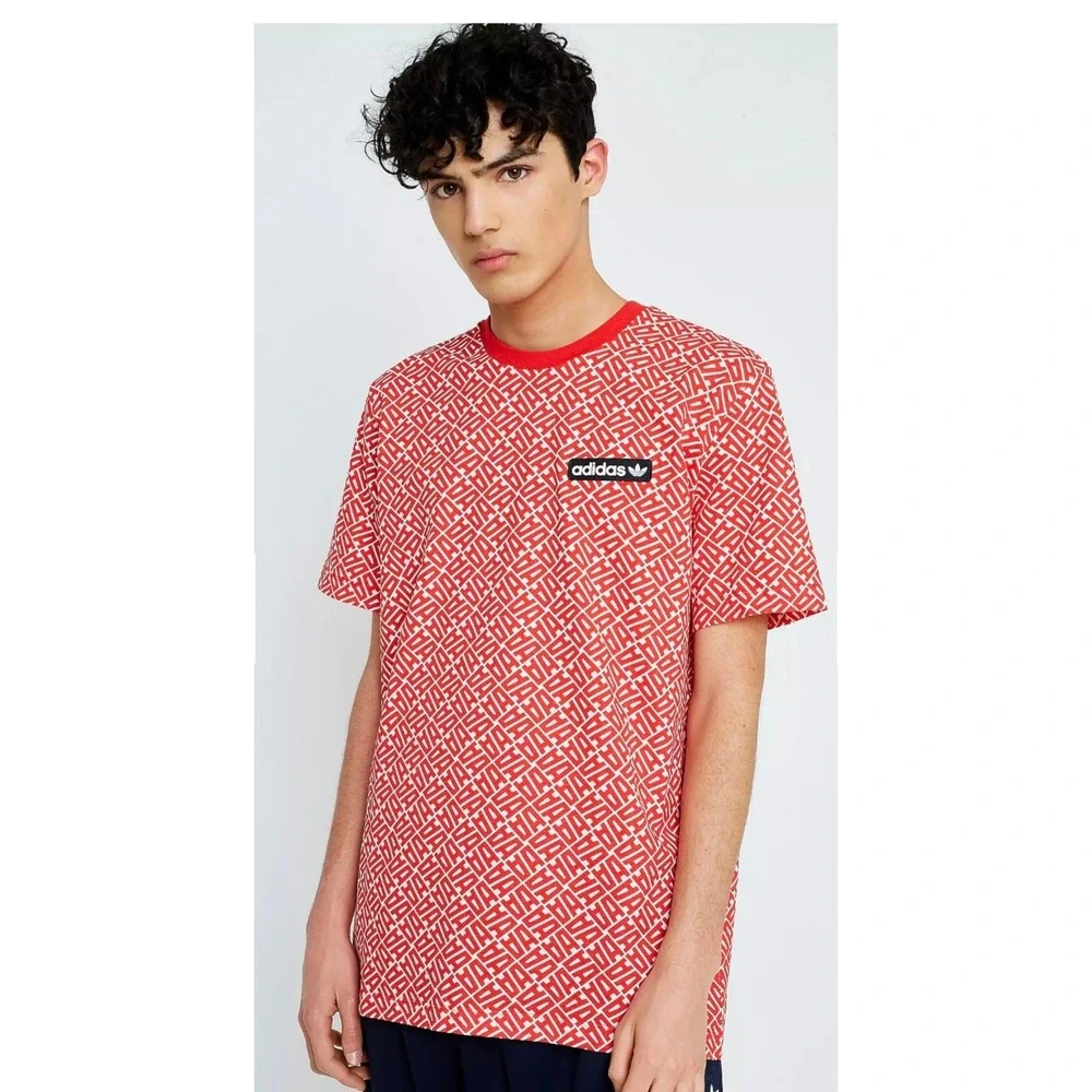 Adidas Originals‎ Mens Red White Monogram All Over Print Trefoil T-Shirt Large